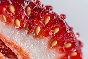 Macro food background of wet strawberry slice
