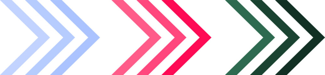 Three distinct groups of light blue pink and dark green parallel chevron arrow symbols arranged horizontally pointing right indicating direction forward