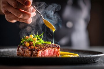 Close-up of gourmet beef steak being plated