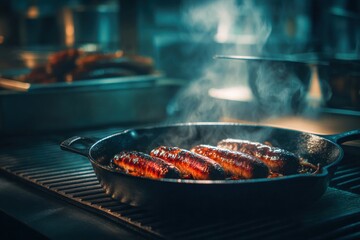 Sausages cooking with onions in cast iron skillet