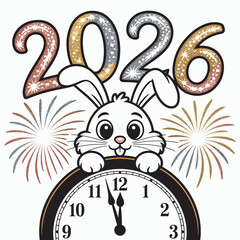 Happy new year 2026 bunny with clock celebrating cute holiday design