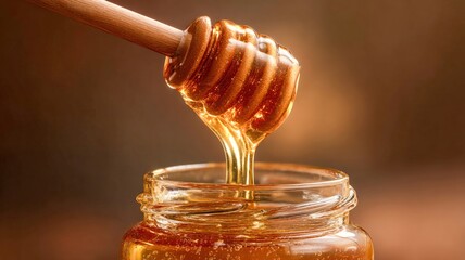 Honey dipper above jar on rustic warm backdrop