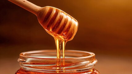 Golden honey flowing into jar in warm light