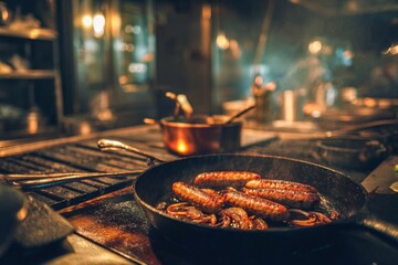 Pan-fried sausages steaming in rustic skillet