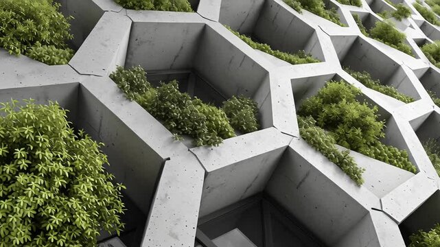 A building with a green roof has a lot of plants growing on it. Macro shot climate responsive skin detail representing mixed use high efficiency block, mixed use urban project