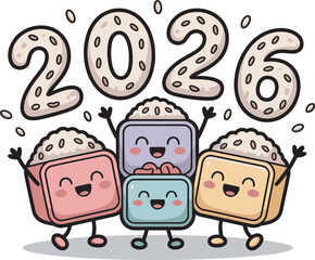 Happy sushi rice characters holding hands celebrating new year 2026 with rice grains