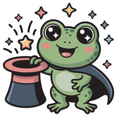 Magic frog character wearing cape performing hat tricks with stars sticker graphic
