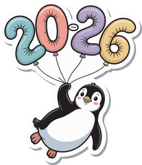 Penguin character holding balloons with year 2026 numbers celebration happy