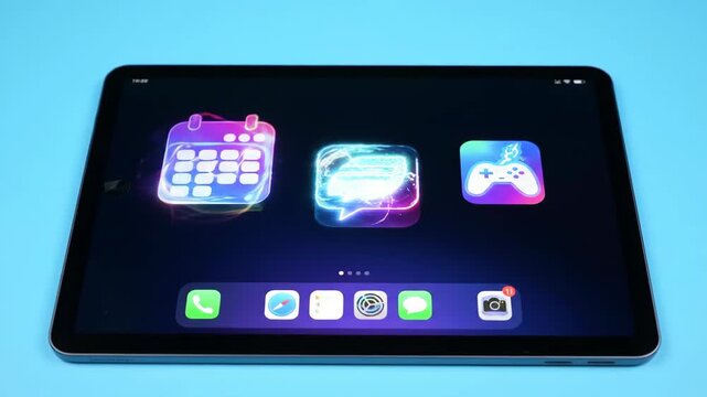 A modern tablet screen displays glowing app icons, showcasing a user-friendly interface.