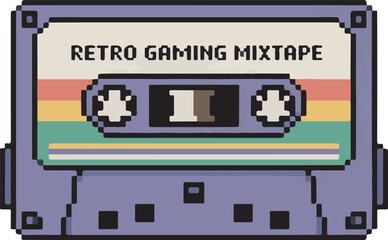 Retro gaming mixtape text on pixel art cassette tape 8bit music audio storage device illustration