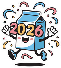 Running cartoon milk carton mascot character happily celebrating new year with numbers twenty twenty six