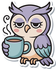 Sleepy purple owl holding coffee mug sticker vector illustration cute bird character