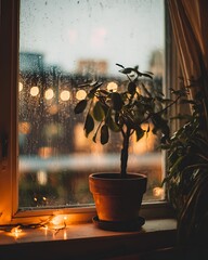 Hygge Cozy Houseplant on Wet Rainy Window Sill with Warm Bokeh Lights