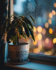 Rainy Window Houseplant Schefflera Cozy Interior Bokeh City Lights