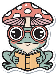 Smart frog character wearing round glasses with polka dot mushroom hat reading book sticker.