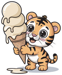 Small adorable tiger cub holding big vanilla ice cream cone sticker