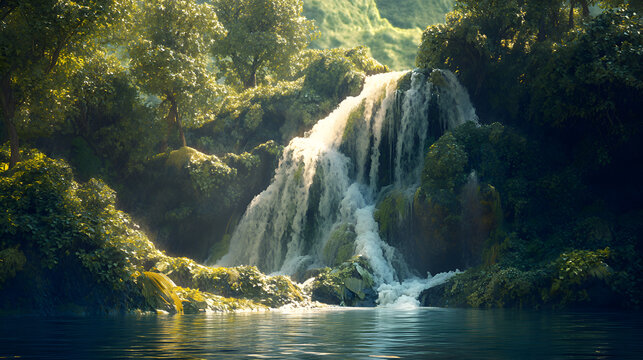 Waterfall cascading down rocks into a serene pool surrounded by lush green foliage in a dense forest with sunlight filtering through the trees - Powered by Adobe