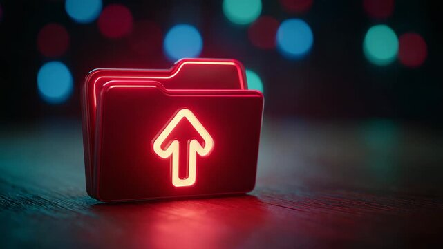 A vibrant neon file folder icon with an upload arrow, perfect for tech-related projects. The bold design against a blurred background creates a modern and visually appealing image