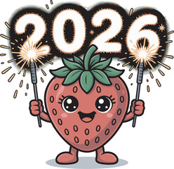 Sweet strawberry character holding sparklers next big numbers twenty twenty six new year celebration sign