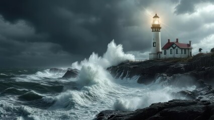 Dramatic lighthouse amidst stormy waves