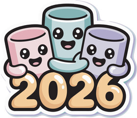 Three adorable marshmallow characters hugging while welcoming numbers twenty twenty six new year party