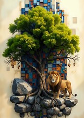 Lion  standing under tree 
