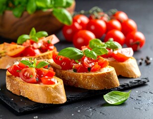 Italian-inspired bruschetta with diced tomatoes, basil, and seasonings atop toasted bread slices, with fresh tomatoes in the background