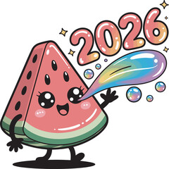 Watermelon slice character blowing rainbow bubbles with 2026 text vector graphics