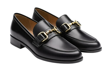 Black leather loafers with gold chain buckle detail isolated on a transparent background