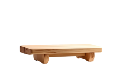 Wooden platform with rounded legs, isolated on black. The light wood grain is visible. Designed for display or elevation