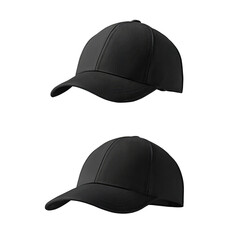 Two black baseball caps in different angles headwear isolated on a transparent background