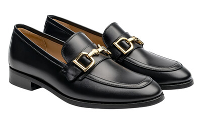 Classic black leather loafers with gold hardware footwear isolated on a transparent background