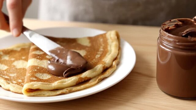 A person spreads chocolate on a pancake on a white plate on a wooden table