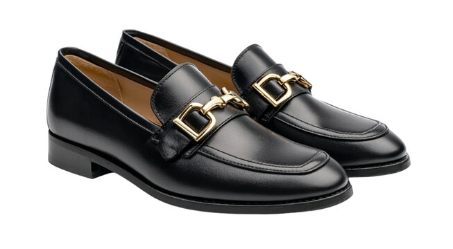 Black leather loafers with gold buckle detail footwear isolated on a transparent background