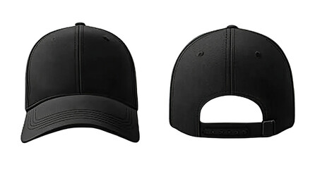 Front and Back Views of a Black Baseball Cap Keywords: baseball cap, headwear, accessory, black isolated on a transparent background