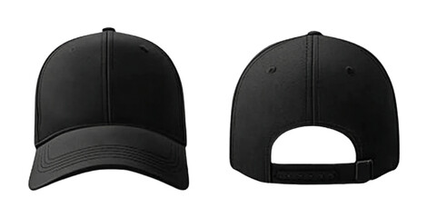 Front and back view of a black baseball cap headwear isolated on a transparent background