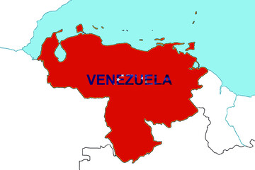 Obraz premium Map and national flag of Venezuela (Bolivarian Republic of Venezuela), a mixed-terrain country in South America with Caracas as its capital 