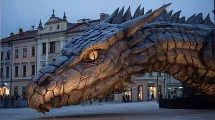 Ljubljana Dragon Parade, Massive blue dragon sculpture displayed in Ljubljana square during Dragon Parade