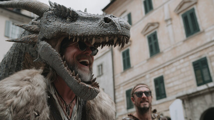 Ljubljana Dragon Parade, Crocodile dragon costume performer entertaining crowd at Ljubljana Dragon Parade festival