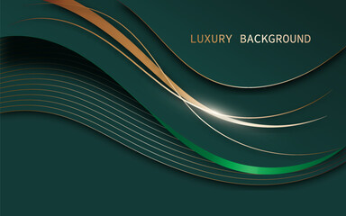Modern luxury design with wavy shapes, golden lines, and an overlapping green background. Vector illustration