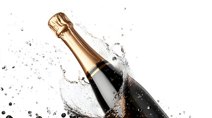 Fototapeta premium Bottle of sparkling wine with cork popping out and bubbles bursting against white background