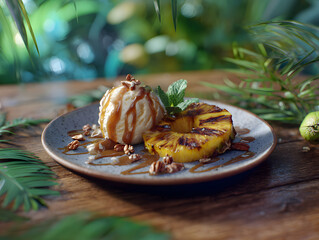 Ice cream dessert with grill pine-apple on plate.