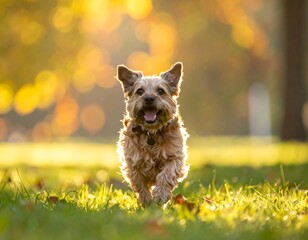 Joyful canine, illuminated by golden sunlight, runs through a vibrant green grassy field with autumn colors in the blurred background