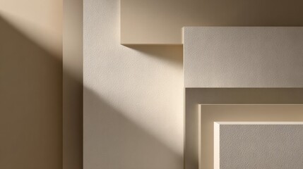 Minimalist modern workspace with neutral beige abstract background, geometric shadow patterns on wall, flat lay office setup for product presentation, business mockup, and creative branding concept