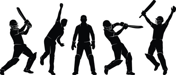 Professional Cricket Player Silhouettes Set Featuring Batsman Hitting Shot Fast Bowler Delivery and Wicket Keeper Posing Isolated on White Background © Austomi's World