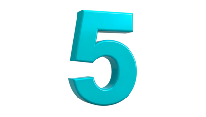 A vibrant, three-dimensional numeral "5" floats against a stark, black background. The number has a glossy, teal appearance