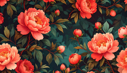 Decorative floral pattern with large blooming peonies in warm coral and red hues. Dark branches and green leaves create a rich textile design. Elegant botanical art for backgrounds