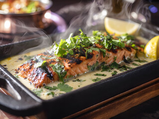 Grilled salmon steak with vegetables in iron pan.