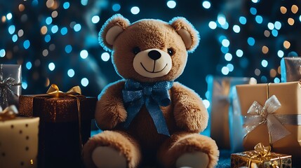 Teddy bear surrounded by designer gifts and luxury branding on blue lights background