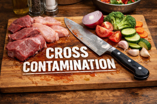 Dangerous kitchen scene showing cross contamination on cutting board. Raw meat and fresh vegetable mixed with dirty knife, crucial food safety concept and warning